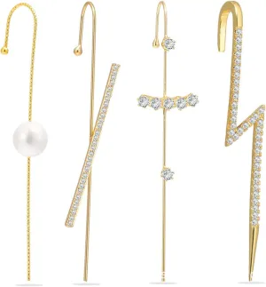 4Pcs Ear Wrap Crawler Helix Hook Earrings Gold Cross Lightning Pearl Ear Cuff Earrings for Women Men CZ Barbell Cartilage Piercing Jewelry Gifts