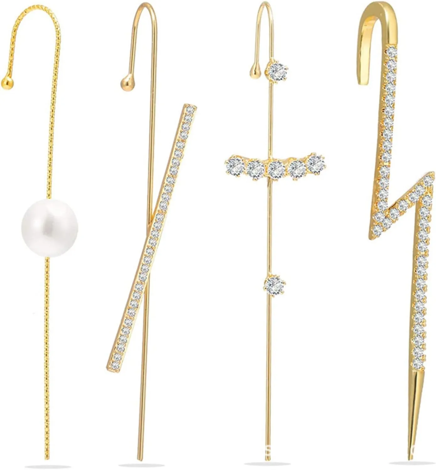 4Pcs Ear Wrap Crawler Helix Hook Earrings Gold Cross Lightning Pearl Ear Cuff Earrings for Women Men CZ Barbell Cartilage Piercing Jewelry Gifts
