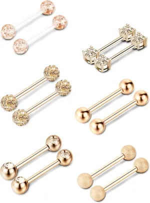 6 Pairs Nipple Tongue Ring Stainless Steel Barbell Rings Cubic Zirconia Nipplerings Body Piercing Jewelry, 14 Gauge (Rose Gold)