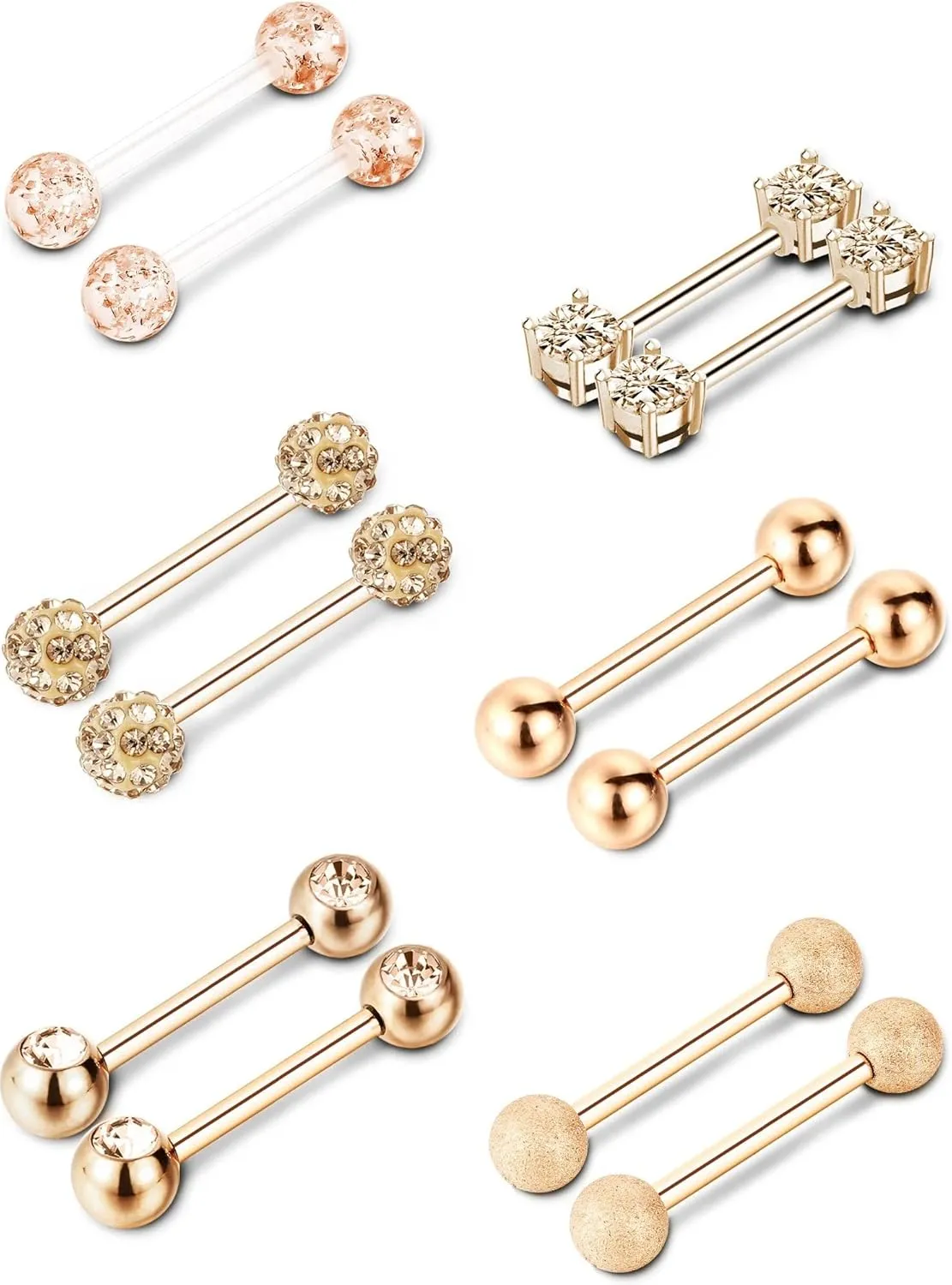 6 Pairs Nipple Tongue Ring Stainless Steel Barbell Rings Cubic Zirconia Nipplerings Body Piercing Jewelry, 14 Gauge (Rose Gold)