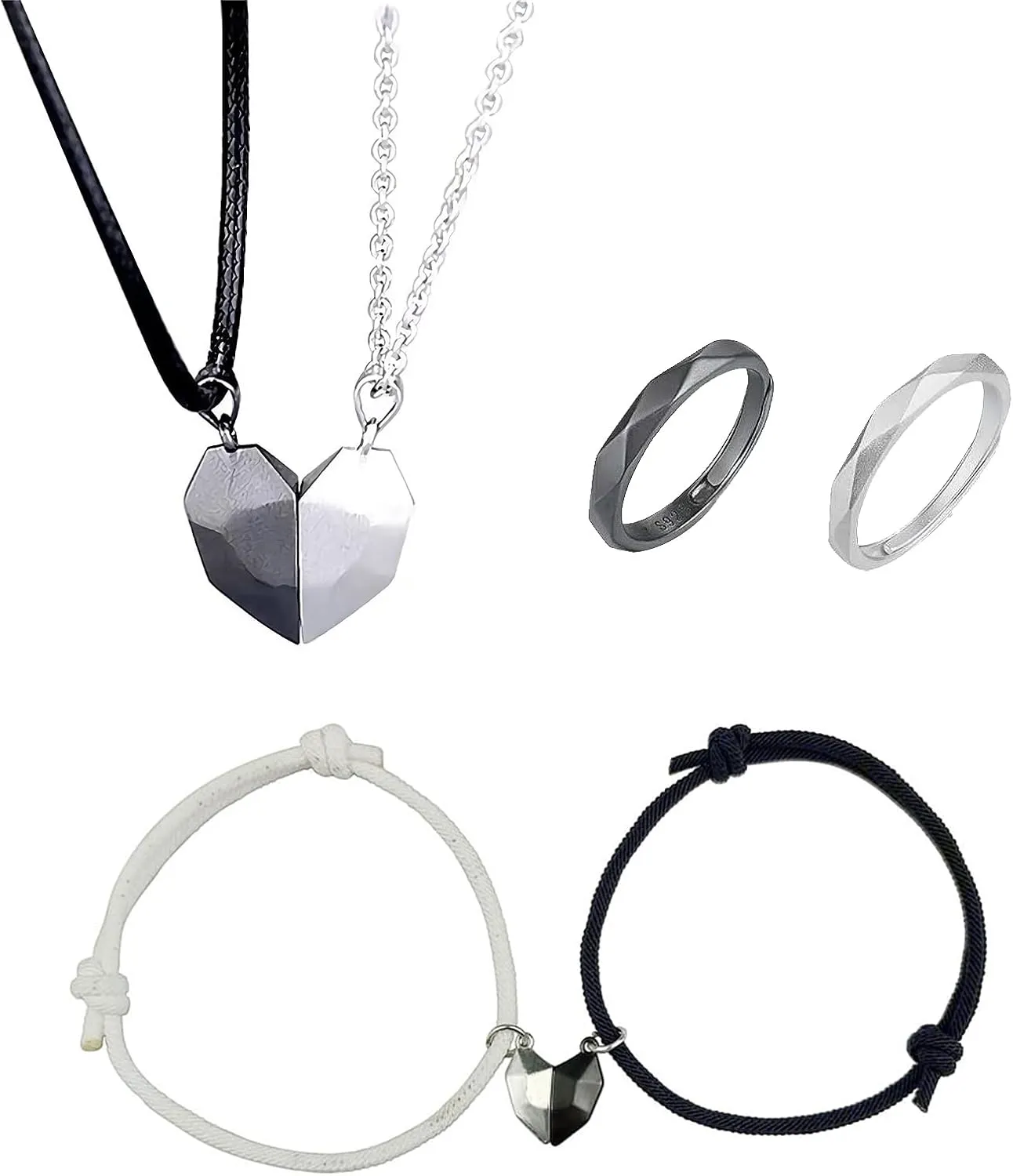 6 pieces Yin Yang Adjustable Cord Bracelet Set for Couple Yin Yang Matching Pendant Necklace for BFF Yin Yang Tai Chi Ring Band for Friendship Boyfriend Girlfriend (yin yang heart)