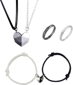 6 pieces Yin Yang Adjustable Cord Bracelet Set for Couple Yin Yang Matching Pendant Necklace for BFF Yin Yang Tai Chi Ring Band for Friendship Boyfriend Girlfriend (yin yang heart)