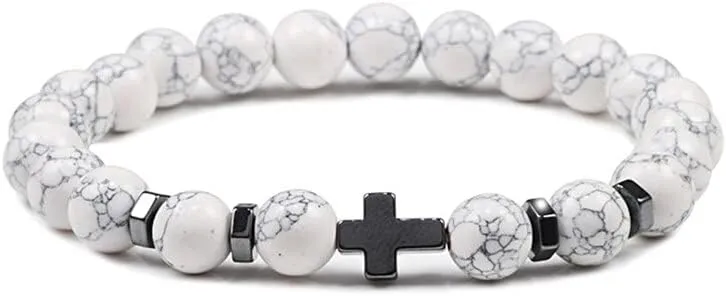 6mm 8mm Women Men Prayer Beaded Bracelet Hematite Cross Natural Wood Beads Lava Stone Onyx Meditation Bracelets Yoga Jewelry RK69I (8mm Black line)