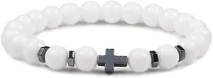 6mm 8mm Women Men Prayer Beaded Bracelet Hematite Cross Natural Wood Beads Lava Stone Onyx Meditation Bracelets Yoga Jewelry RK69I (8mm White porcelain)