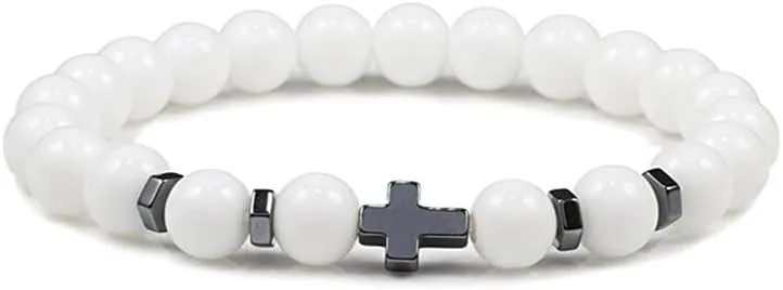 6mm 8mm Women Men Prayer Beaded Bracelet Hematite Cross Natural Wood Beads Lava Stone Onyx Meditation Bracelets Yoga Jewelry RK69I (8mm White porcelain)