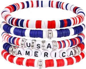 6pcs American Flag Bracelet, USA Beaded Bracelets Red White and Blue Patriotic Accessories 4th of July Jewelry Citizenship Gifts for Women Men