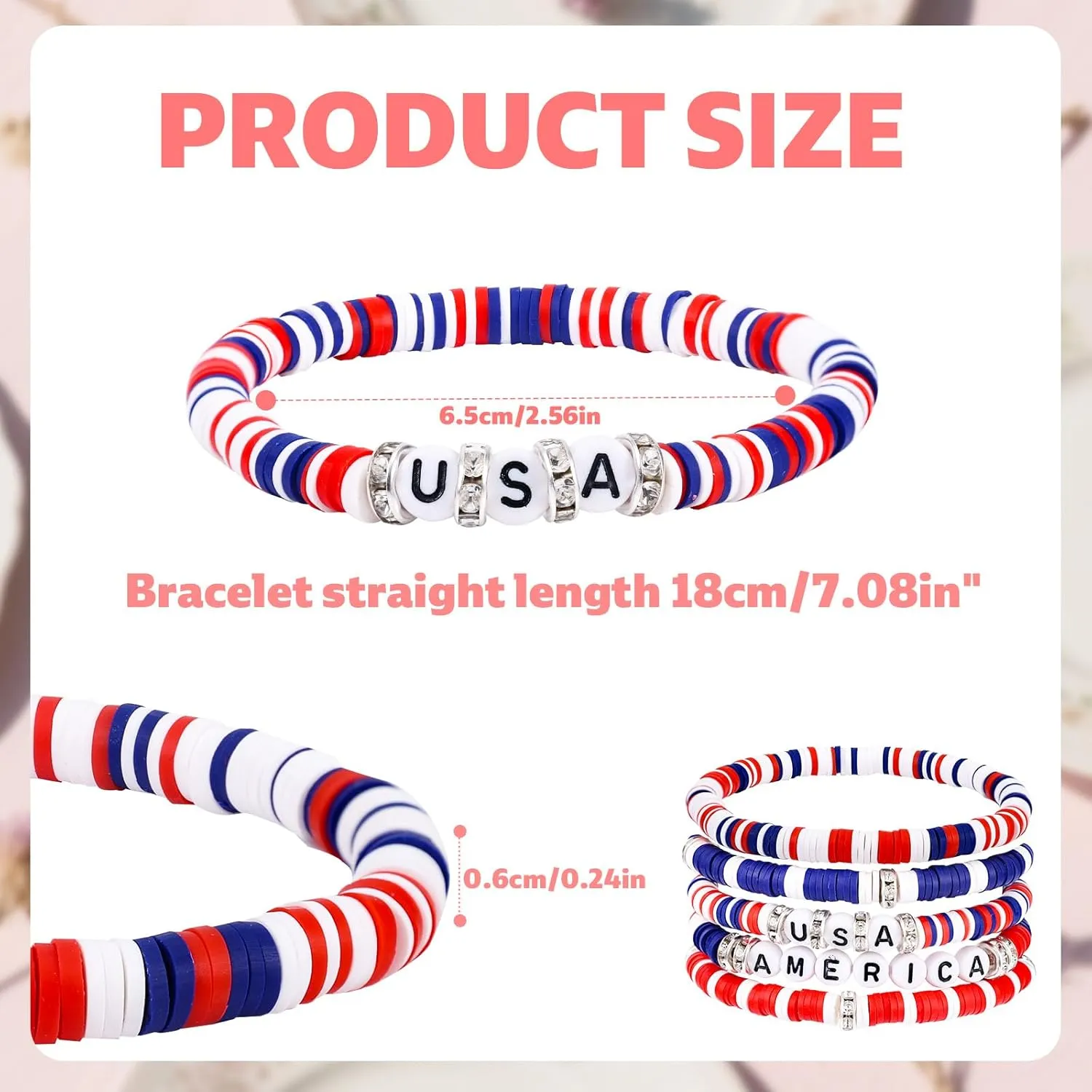 6pcs American Flag Bracelet, USA Beaded Bracelets Red White and Blue Patriotic Accessories 4th of July Jewelry Citizenship Gifts for Women Men