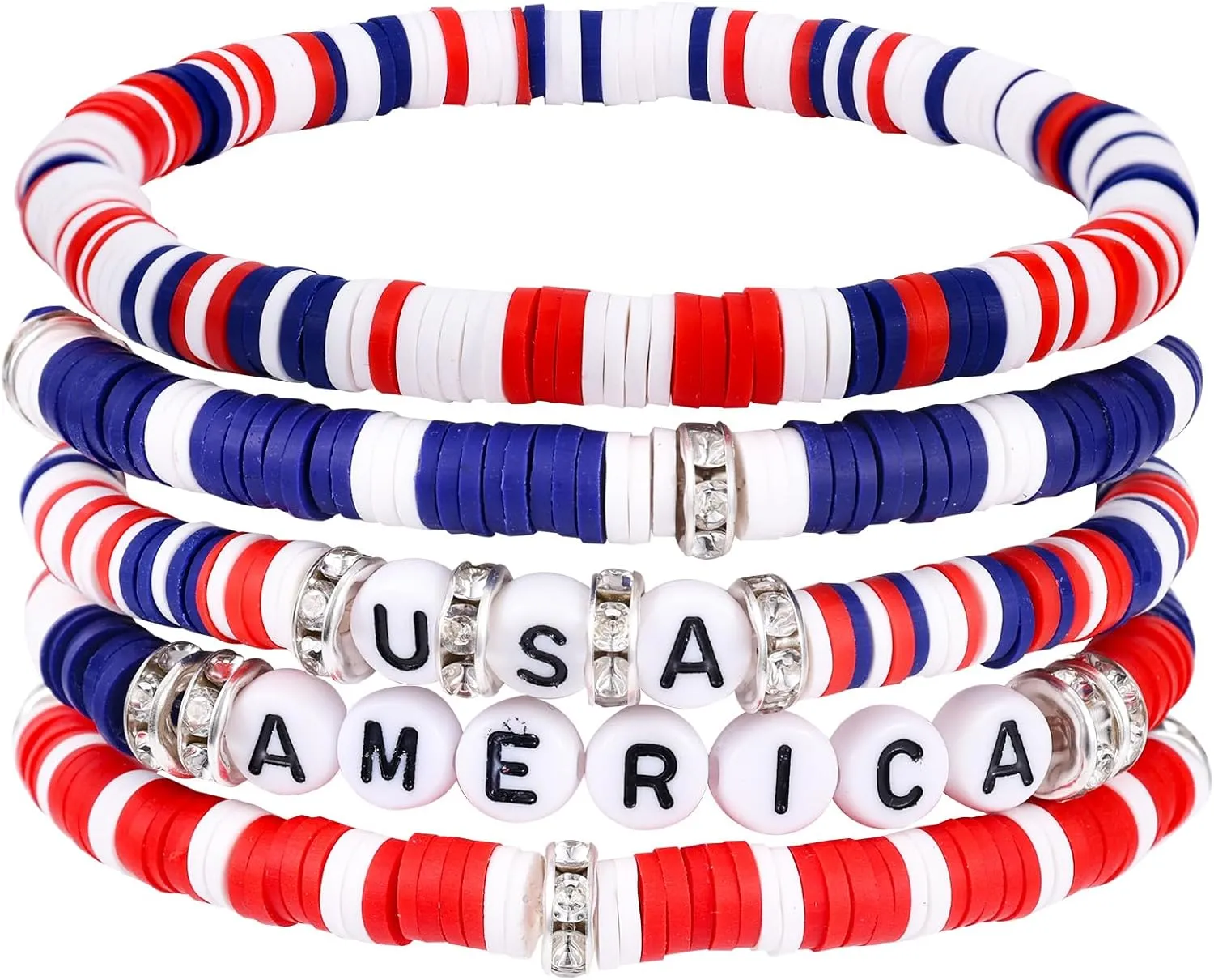 6pcs American Flag Bracelet, USA Beaded Bracelets Red White and Blue Patriotic Accessories 4th of July Jewelry Citizenship Gifts for Women Men