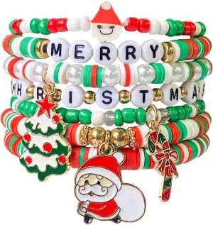 7 Pcs Christmas Bracelets Heishi Surfer Bracelet Beaded Rainbow Vinyl Disc Bead Surfer Stretch Bracelet Christmas Gifts for Women Soft Clay Pearl Jewelry for Women Holidays Christmas Supplies