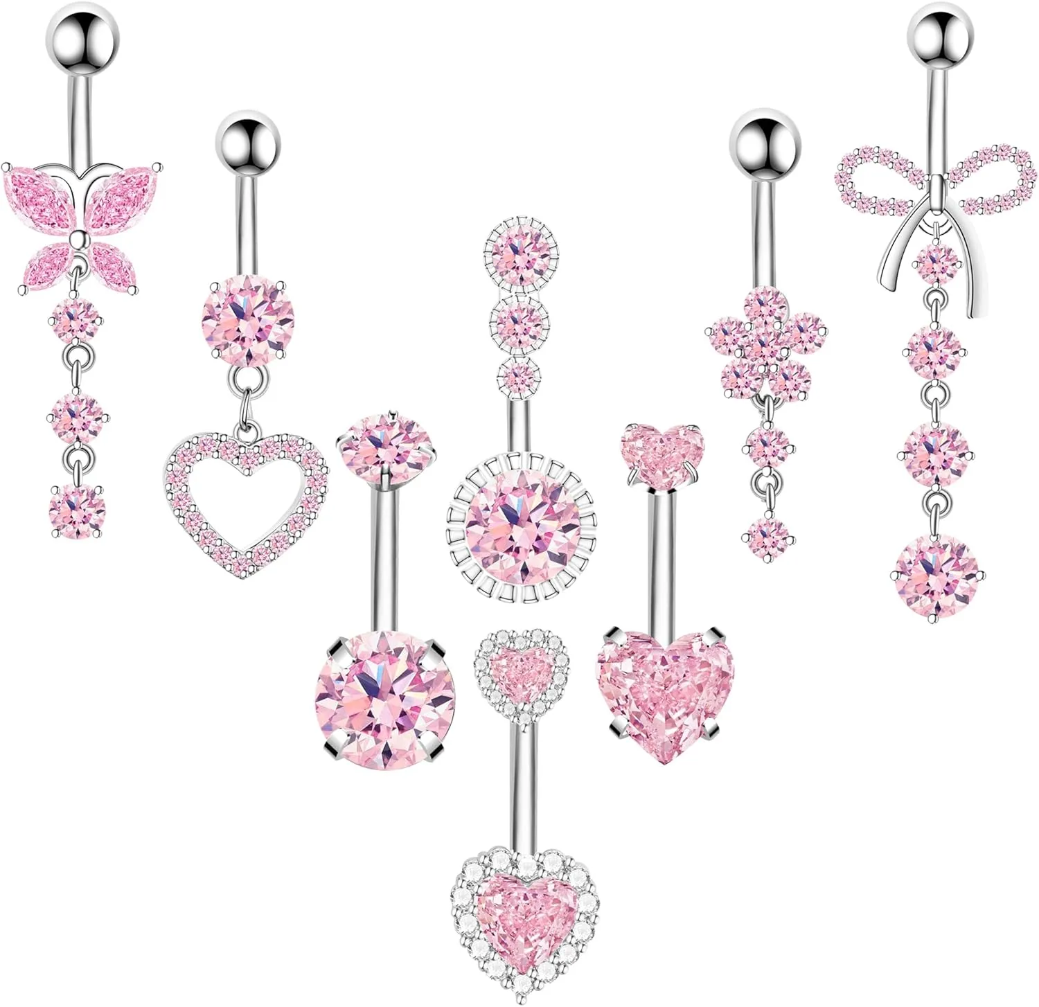 8Pcs Gold Pink Silver Belly Button Ring Dangle Navel Belly Piercing Jewelry Cute CZ Butterfly Heart Flower Bow Navel Belly Rings for Women 14G Hypoallergenic Surgical Stainless Steel Dainty Dangling Dangly Belly Button Piercing Pack