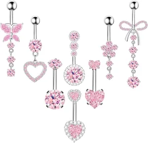 8Pcs Gold Pink Silver Belly Button Ring Dangle Navel Belly Piercing Jewelry Cute CZ Butterfly Heart Flower Bow Navel Belly Rings for Women 14G Hypoallergenic Surgical Stainless Steel Dainty Dangling Dangly Belly Button Piercing Pack