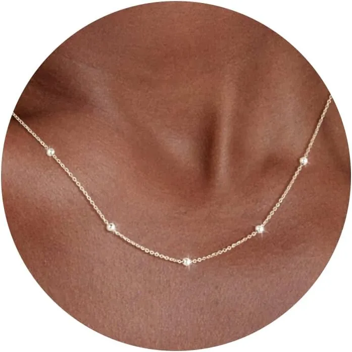 925 Sterling Silver 16K Gold Chain Necklace Beaded Chain Necklace for Women Simple Dainty Choker Necklace Satellite Waterproof Link Necklace Trendy Jewelry Gifts