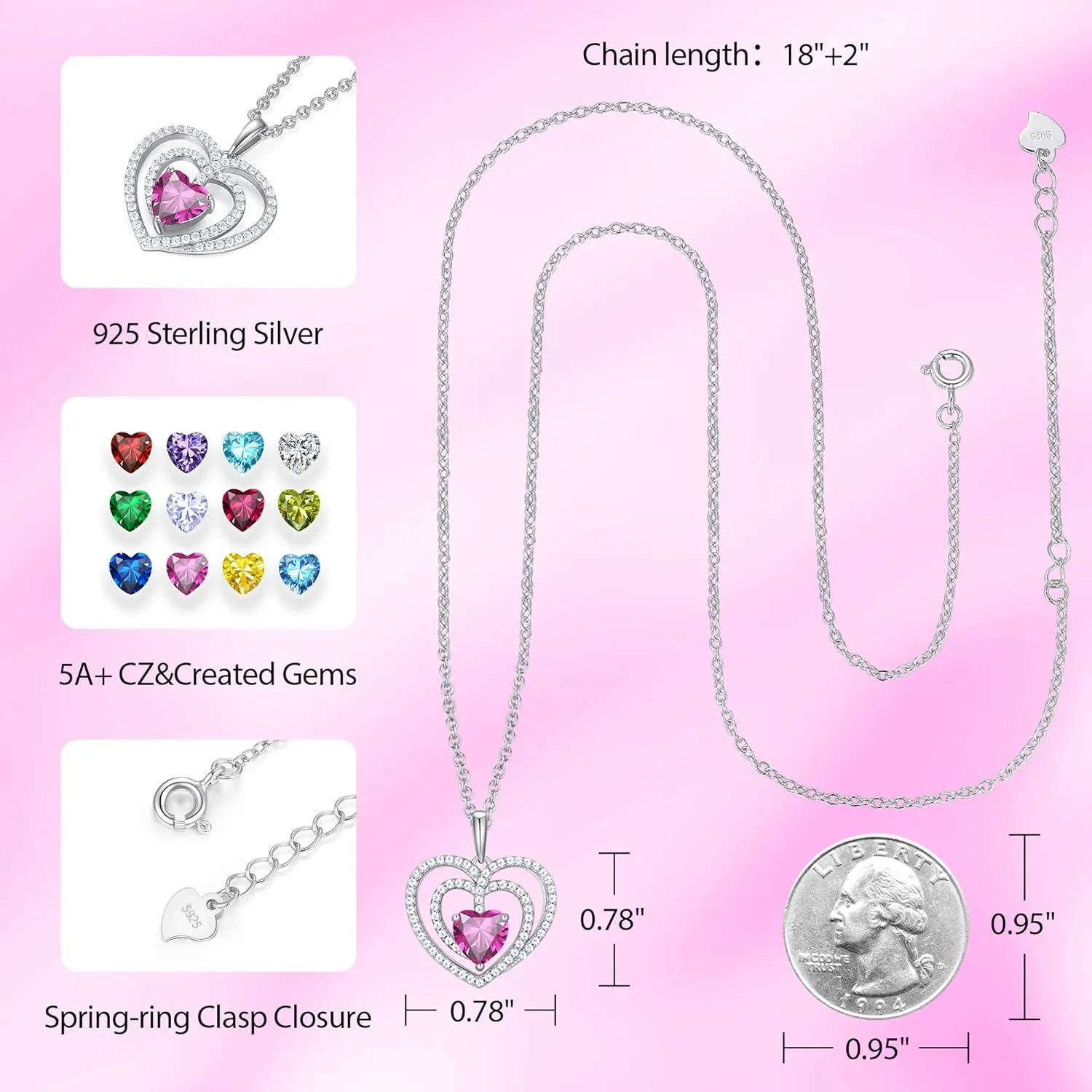 925 Sterling Silver Birthstone Necklaces for Women Round Heart Cut Halo CZ Pendant Chain Necklace for Her