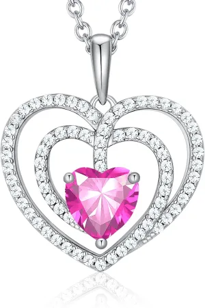 925 Sterling Silver Birthstone Necklaces for Women Round Heart Cut Halo CZ Pendant Chain Necklace for Her