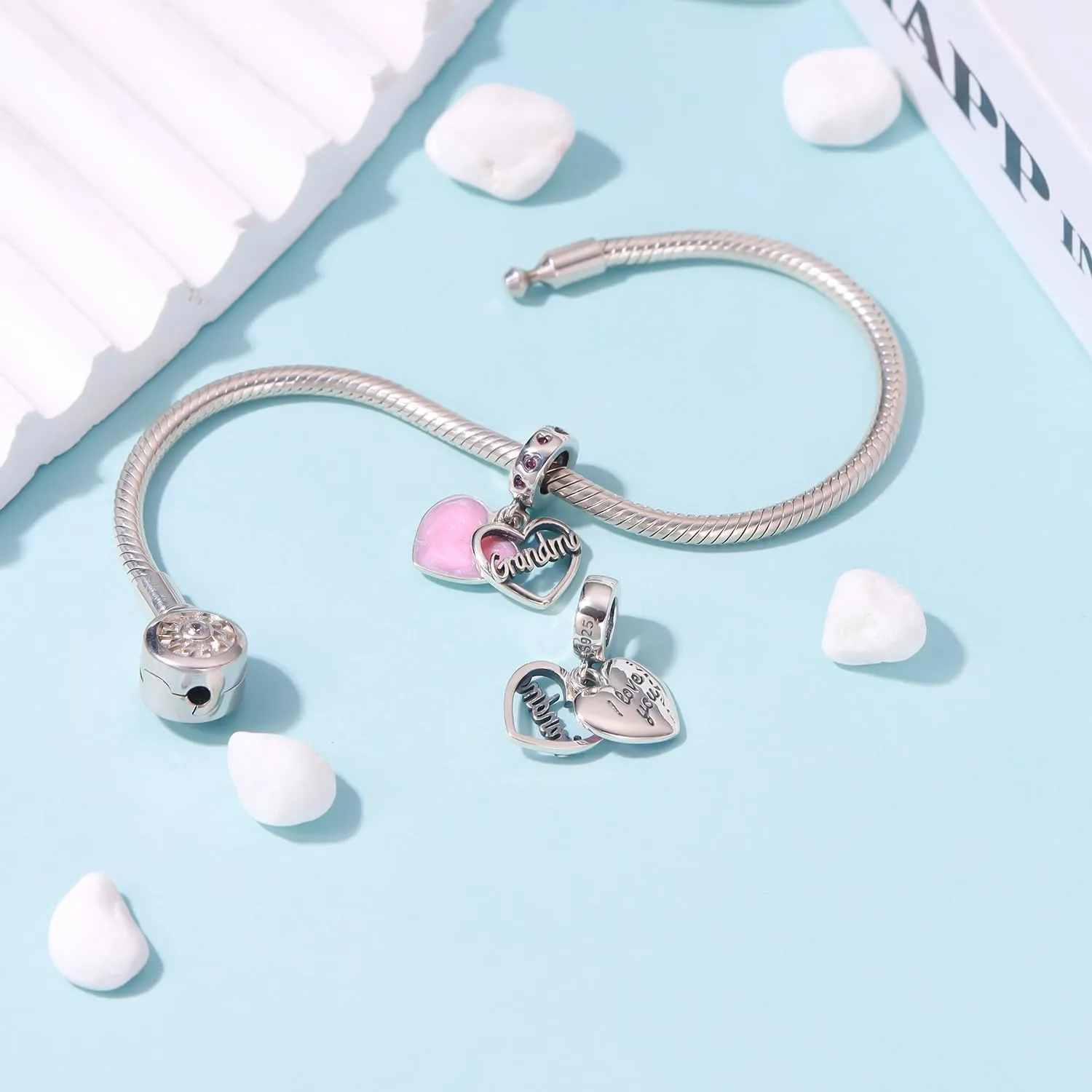 925 Sterling Silver Charms fit Pandora Charms Bracelet I Love You Mom Daughter Grandma Nana Wife Friends Heart Charm Bead for Christmas Mother's Day Valentines Gift