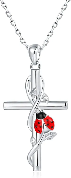 925-Sterling-Silver Cross Necklace for Women - Cute Red Ladybug Necklaces Religious Pendant Hypoallergenic Ladybug Jewelry Birthday Christmas Gift for Daughter Mother