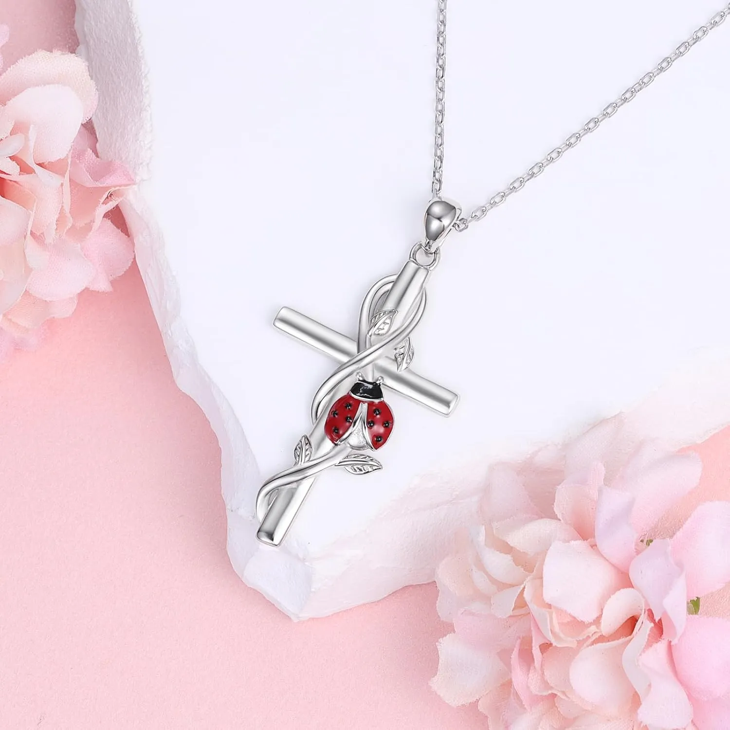 925-Sterling-Silver Cross Necklace for Women - Cute Red Ladybug Necklaces Religious Pendant Hypoallergenic Ladybug Jewelry Birthday Christmas Gift for Daughter Mother