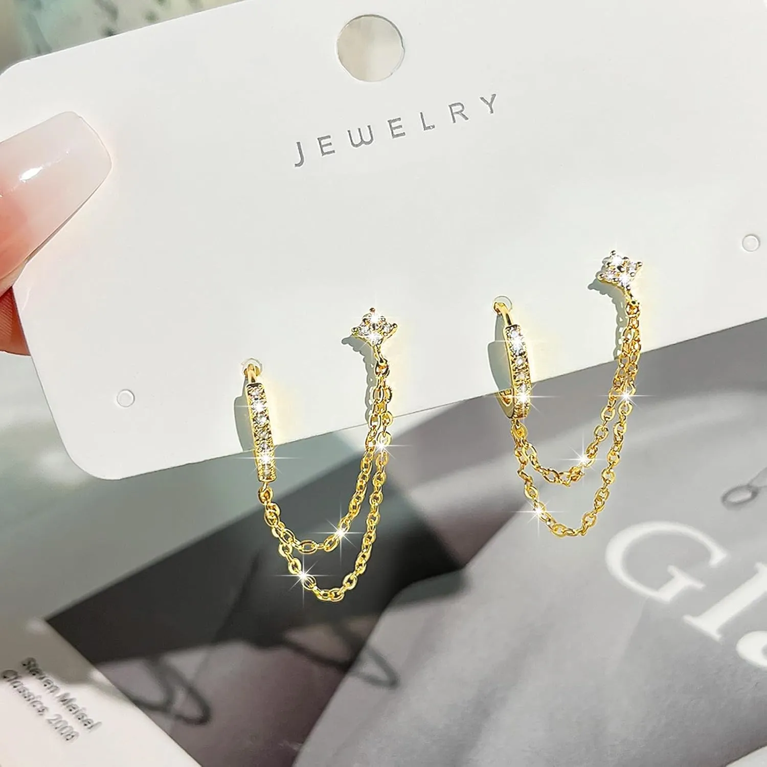 925 Sterling Silver Gold Plated Four Zircons Flower Stud Chain Earrings | Double Piercing Dangle Chain Huggie Hoop Earrings | Four Zirconia Stud Earrings Jewelry Gifts for Women