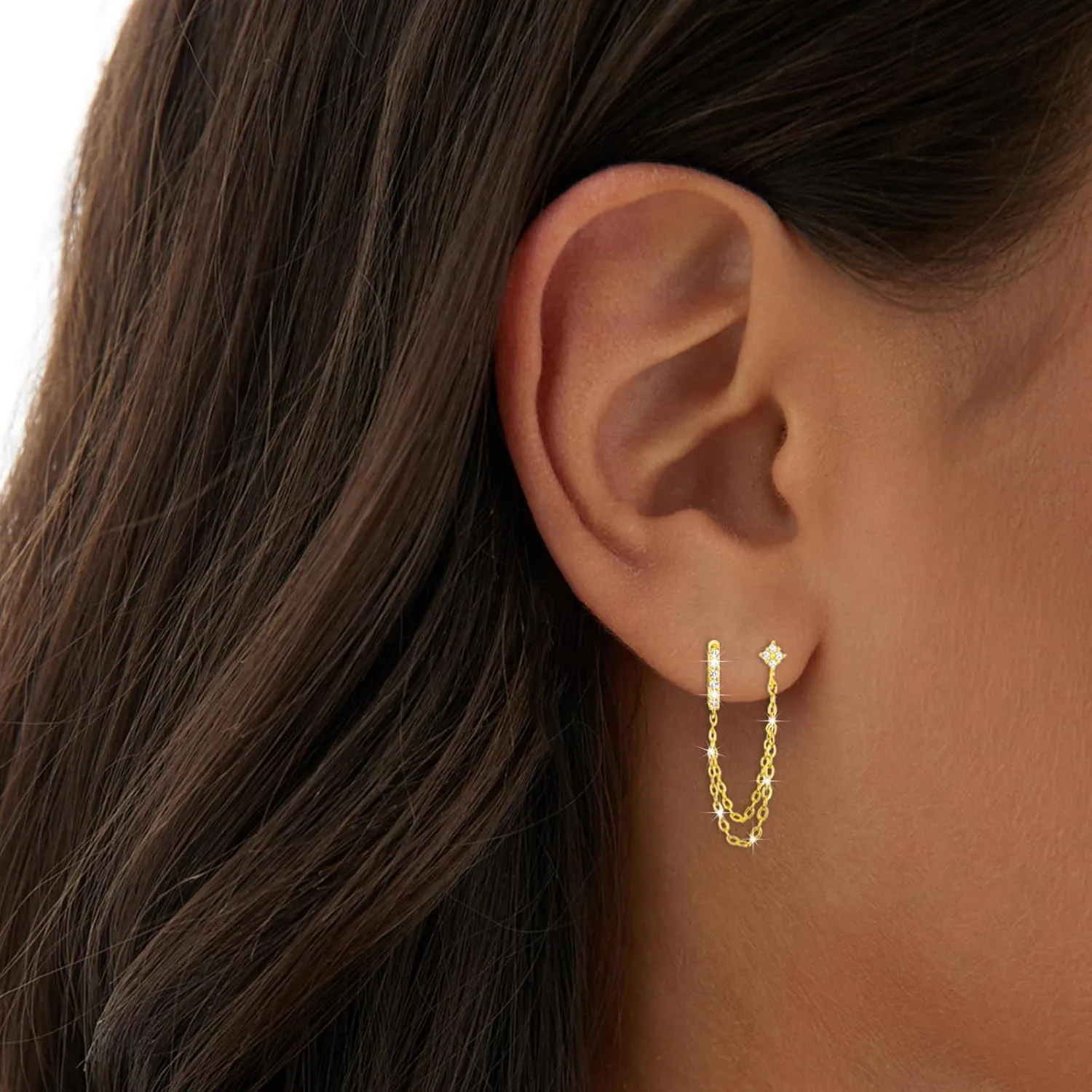 925 Sterling Silver Gold Plated Four Zircons Flower Stud Chain Earrings | Double Piercing Dangle Chain Huggie Hoop Earrings | Four Zirconia Stud Earrings Jewelry Gifts for Women