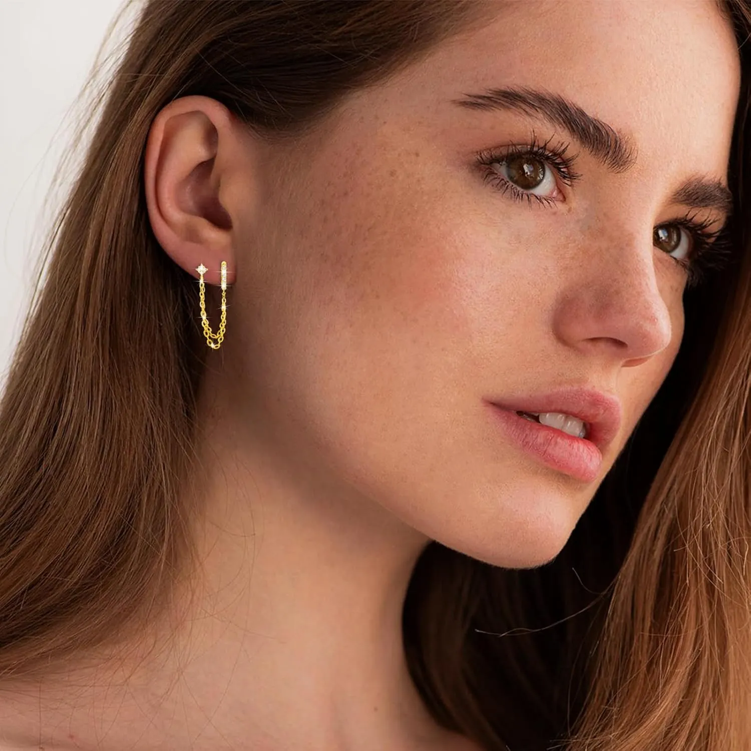 925 Sterling Silver Gold Plated Four Zircons Flower Stud Chain Earrings | Double Piercing Dangle Chain Huggie Hoop Earrings | Four Zirconia Stud Earrings Jewelry Gifts for Women
