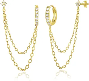 925 Sterling Silver Gold Plated Four Zircons Flower Stud Chain Earrings | Double Piercing Dangle Chain Huggie Hoop Earrings | Four Zirconia Stud Earrings Jewelry Gifts for Women