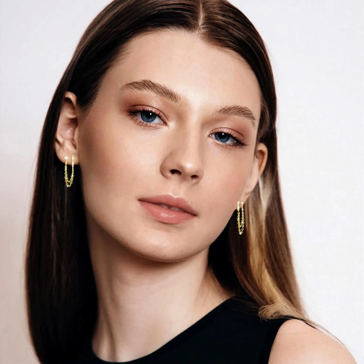 925 Sterling Silver Gold Plated Four Zircons Flower Stud Chain Earrings | Double Piercing Dangle Chain Huggie Hoop Earrings | Four Zirconia Stud Earrings Jewelry Gifts for Women
