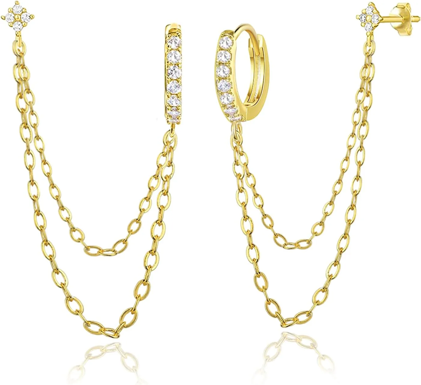 925 Sterling Silver Gold Plated Four Zircons Flower Stud Chain Earrings | Double Piercing Dangle Chain Huggie Hoop Earrings | Four Zirconia Stud Earrings Jewelry Gifts for Women