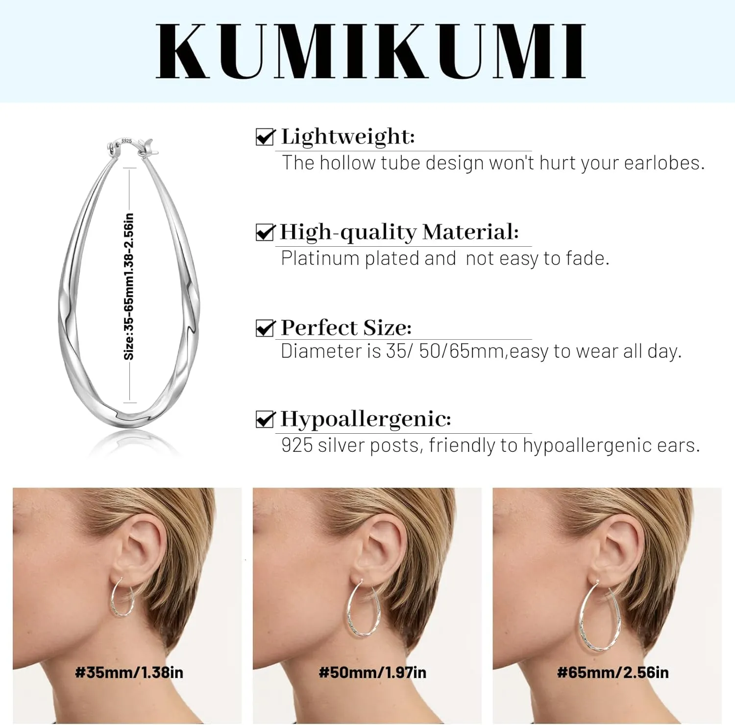 925 Sterling Silver Hoop Earrings for Women, Hypoallergenic Large Silver Hoop Earrings Hollow Tube Lightweight Oval Hoops Earrings for Women Gifts (35/50/65MM)