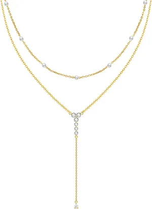925 Sterling Silver Y Layered Necklaces for Women Long CZ Necklace with Pearl Choker 18k Gold Plated