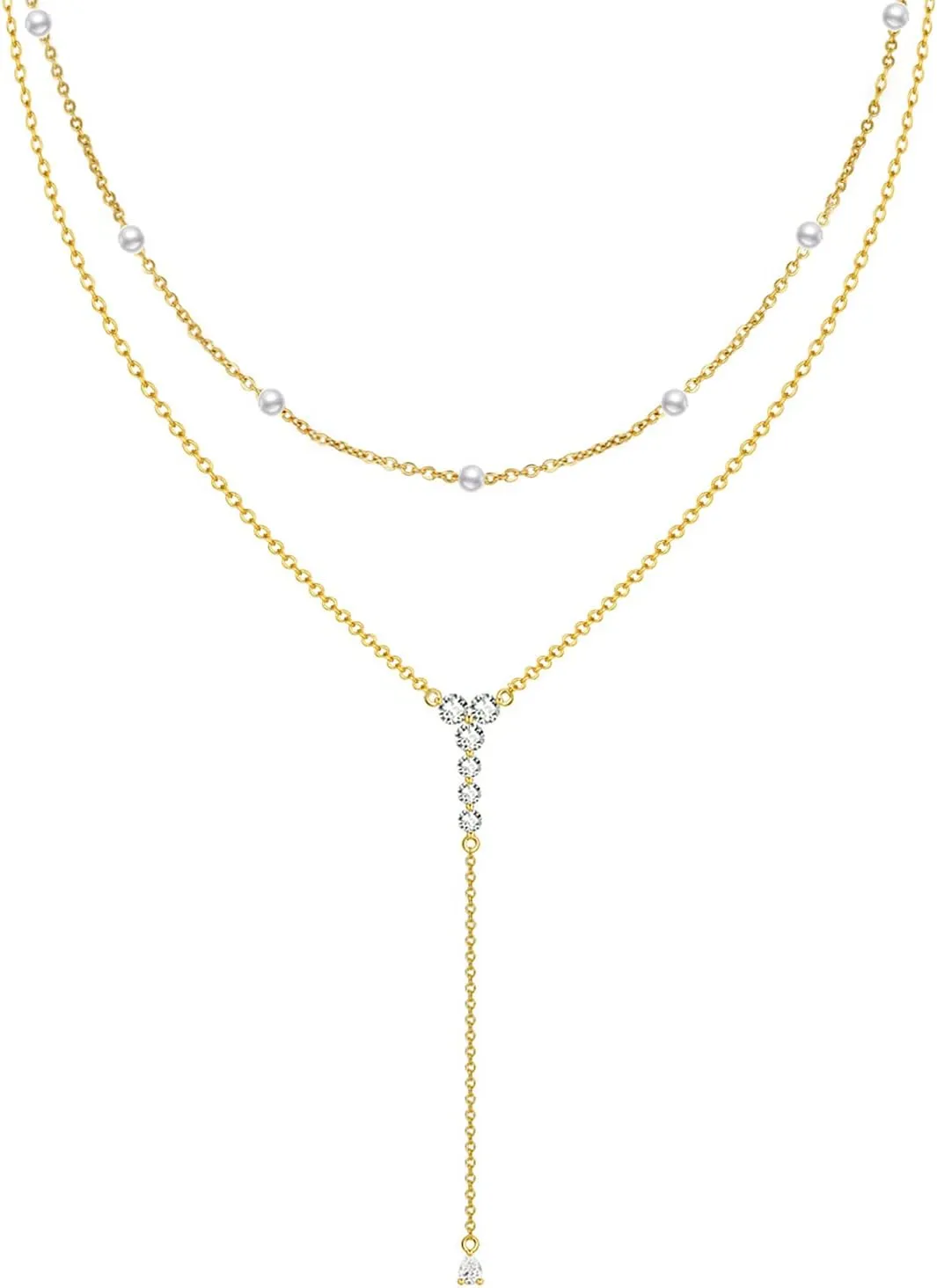 925 Sterling Silver Y Layered Necklaces for Women Long CZ Necklace with Pearl Choker 18k Gold Plated