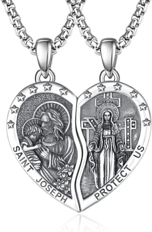ADMETUS Heart Couple Necklaces Matching 925 Sterling Silver Patron Saint Medal and Miraculous Medal Protection Jewelry Religious Gifts for Him and Her