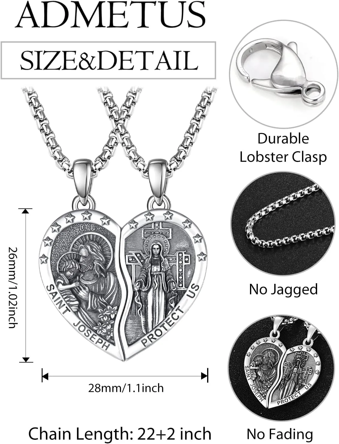 ADMETUS Heart Couple Necklaces Matching 925 Sterling Silver Patron Saint Medal and Miraculous Medal Protection Jewelry Religious Gifts for Him and Her