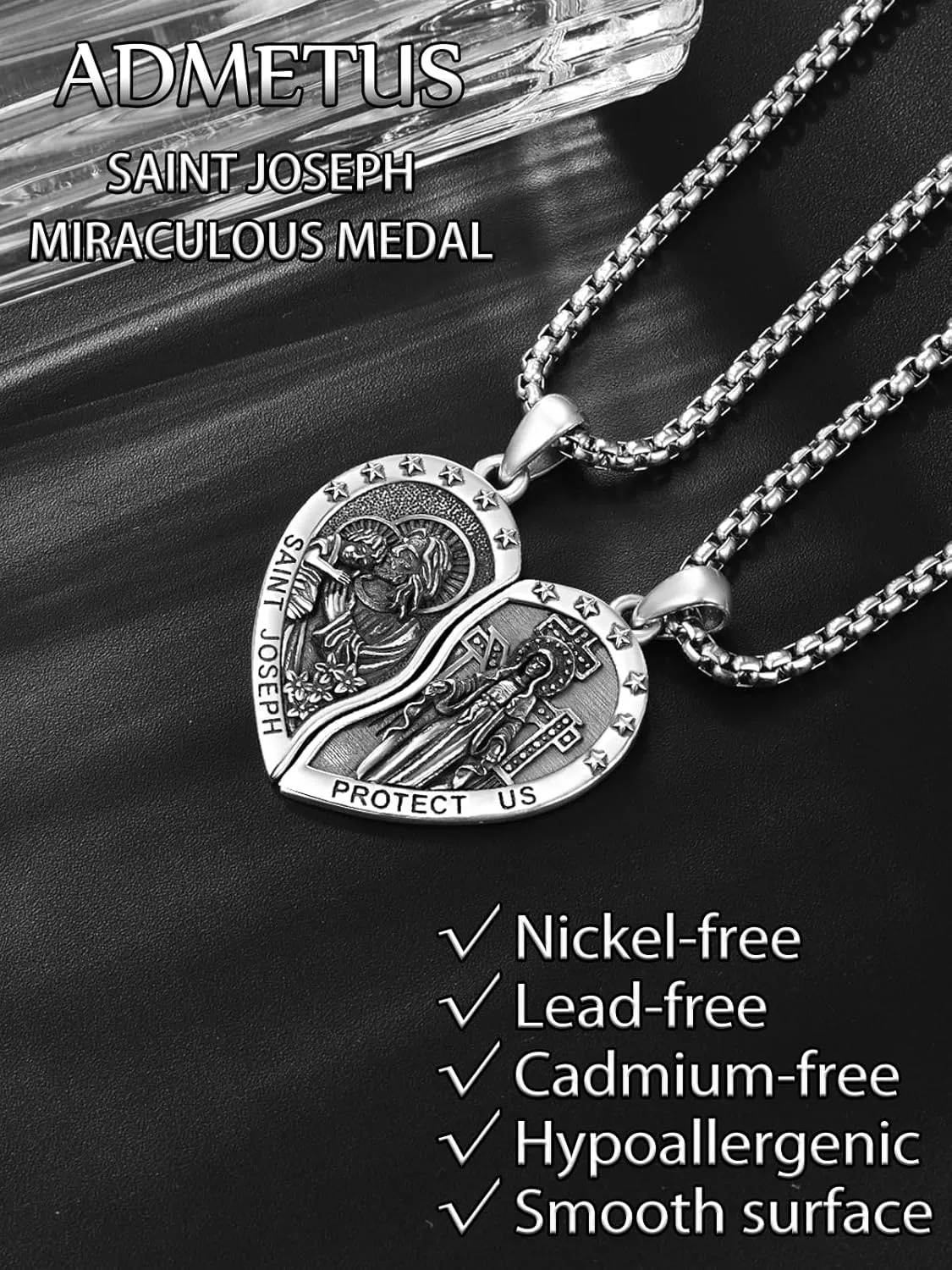 ADMETUS Heart Couple Necklaces Matching 925 Sterling Silver Patron Saint Medal and Miraculous Medal Protection Jewelry Religious Gifts for Him and Her