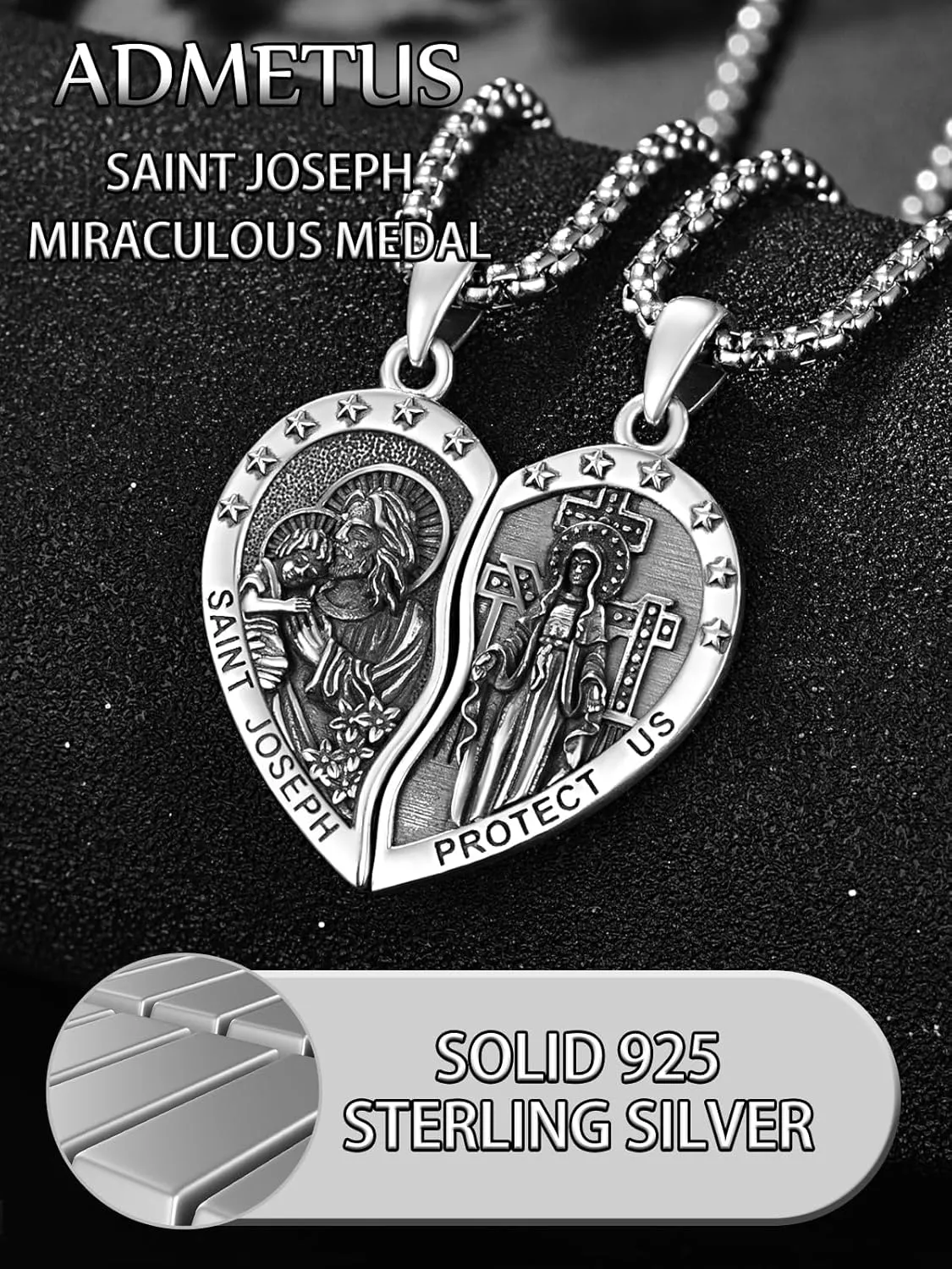ADMETUS Heart Couple Necklaces Matching 925 Sterling Silver Patron Saint Medal and Miraculous Medal Protection Jewelry Religious Gifts for Him and Her