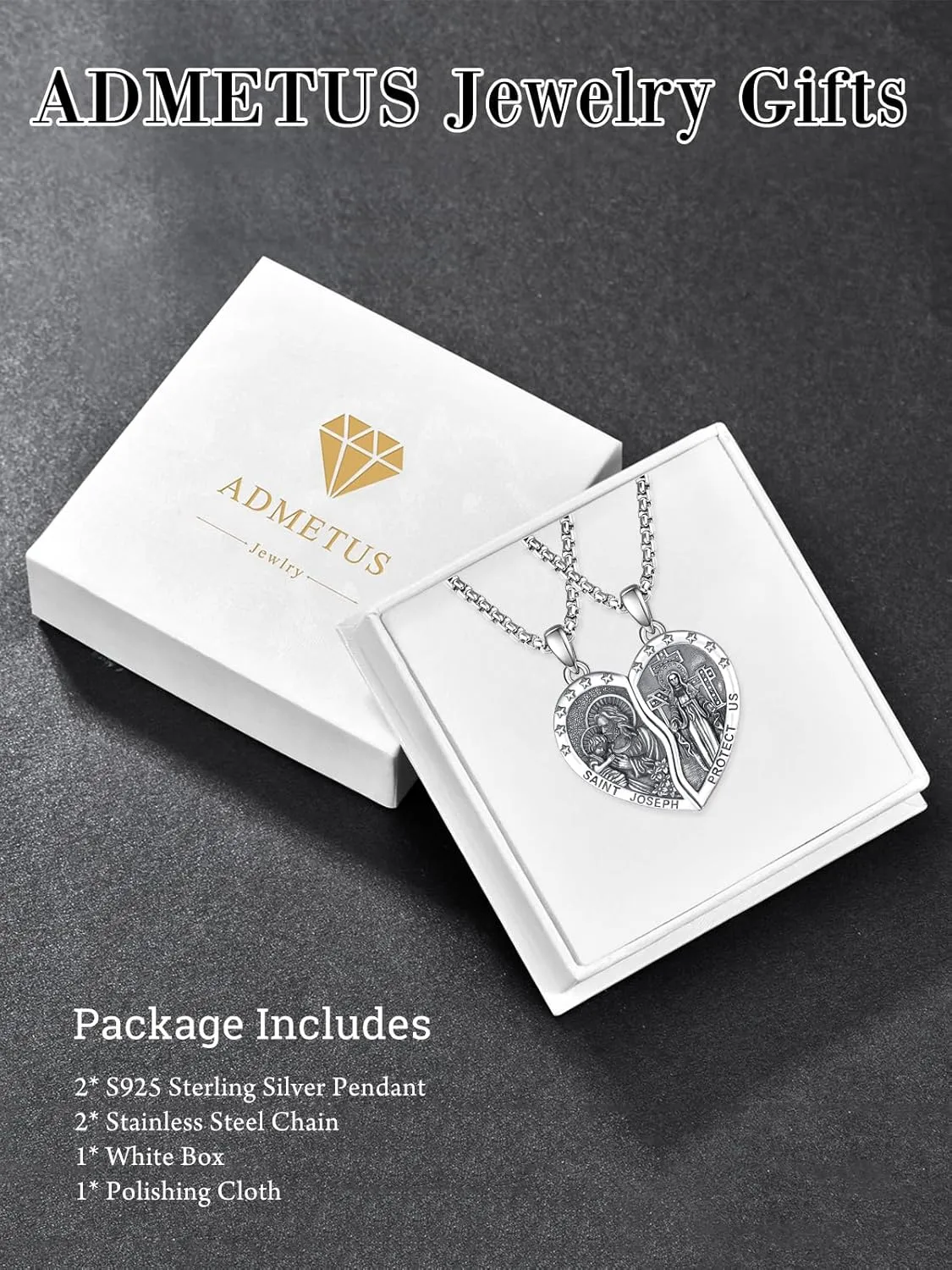 ADMETUS Heart Couple Necklaces Matching 925 Sterling Silver Patron Saint Medal and Miraculous Medal Protection Jewelry Religious Gifts for Him and Her