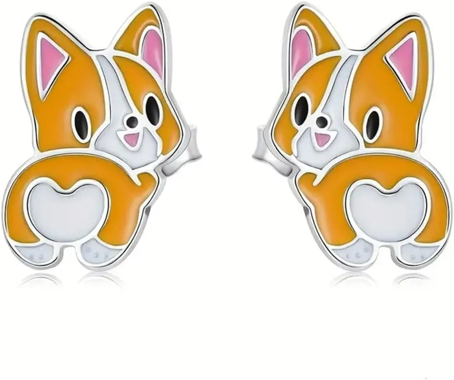 Adorable Corgi Dog Stud Earrings, Silver-Tone with Orange and Pink Enamel