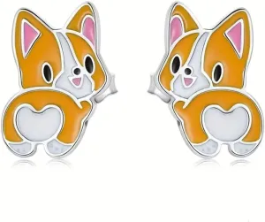 Adorable Corgi Dog Stud Earrings, Silver-Tone with Orange and Pink Enamel