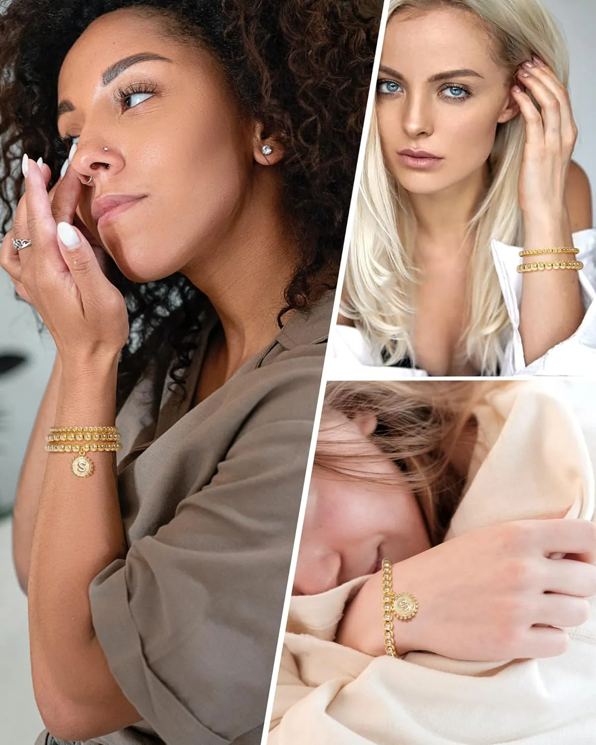 adoyi Gold Silver Bracelets for Women Beaded Bracelet 14K Gold Plated Bracelet Stack Initial Letter A-Z Strand Stretch Bead Stackable Bracelet Set Adjustable Jewelry Gift for Women
