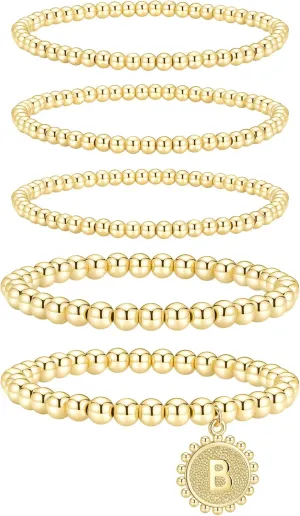 adoyi Gold Silver Bracelets for Women Beaded Bracelet 14K Gold Plated Bracelet Stack Initial Letter A-Z Strand Stretch Bead Stackable Bracelet Set Adjustable Jewelry Gift for Women