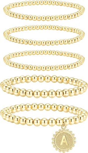 adoyi Gold Silver Bracelets for Women Beaded Bracelet 14K Gold Plated Bracelet Stack Initial Letter A-Z Strand Stretch Bead Stackable Bracelet Set Adjustable Jewelry Gift for Women