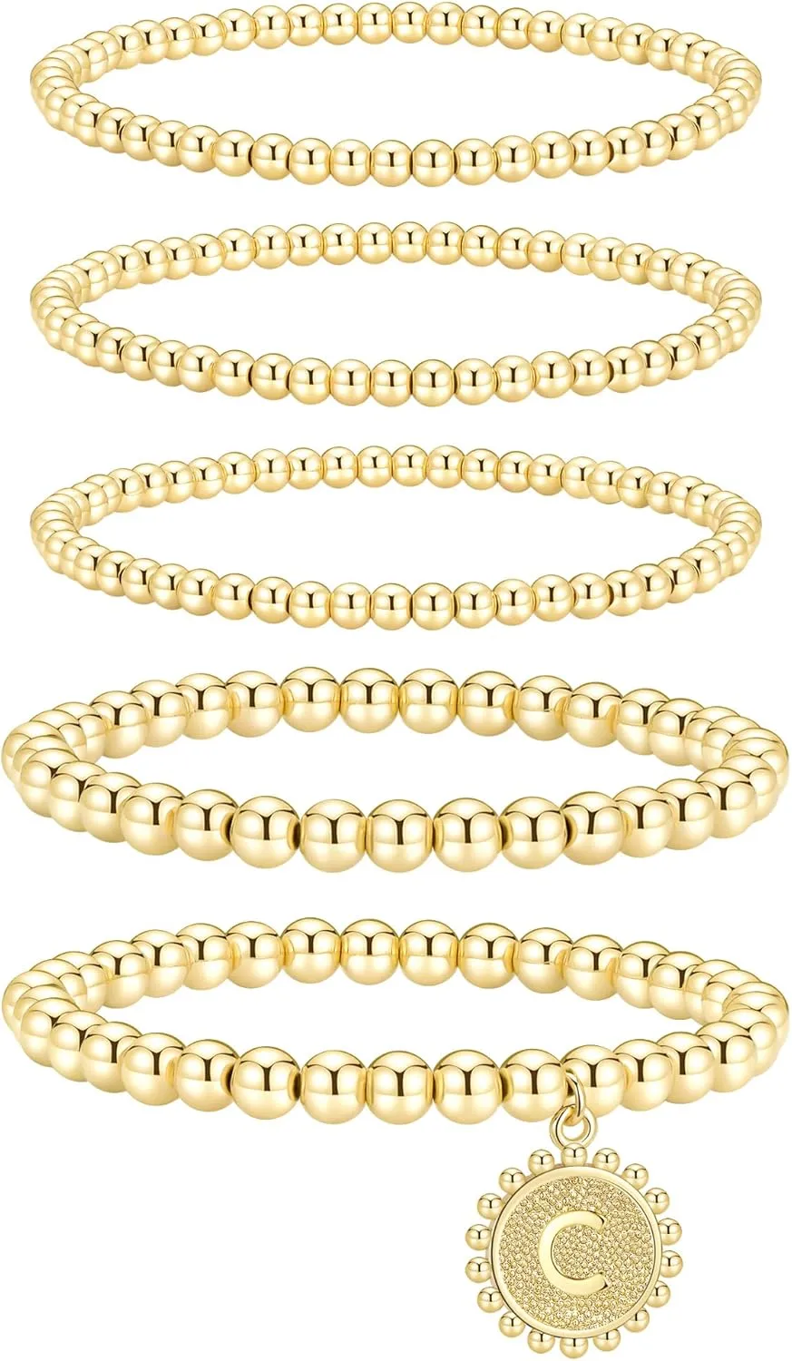 adoyi Gold Silver Bracelets for Women Beaded Bracelet 14K Gold Plated Bracelet Stack Initial Letter A-Z Strand Stretch Bead Stackable Bracelet Set Adjustable Jewelry Gift for Women