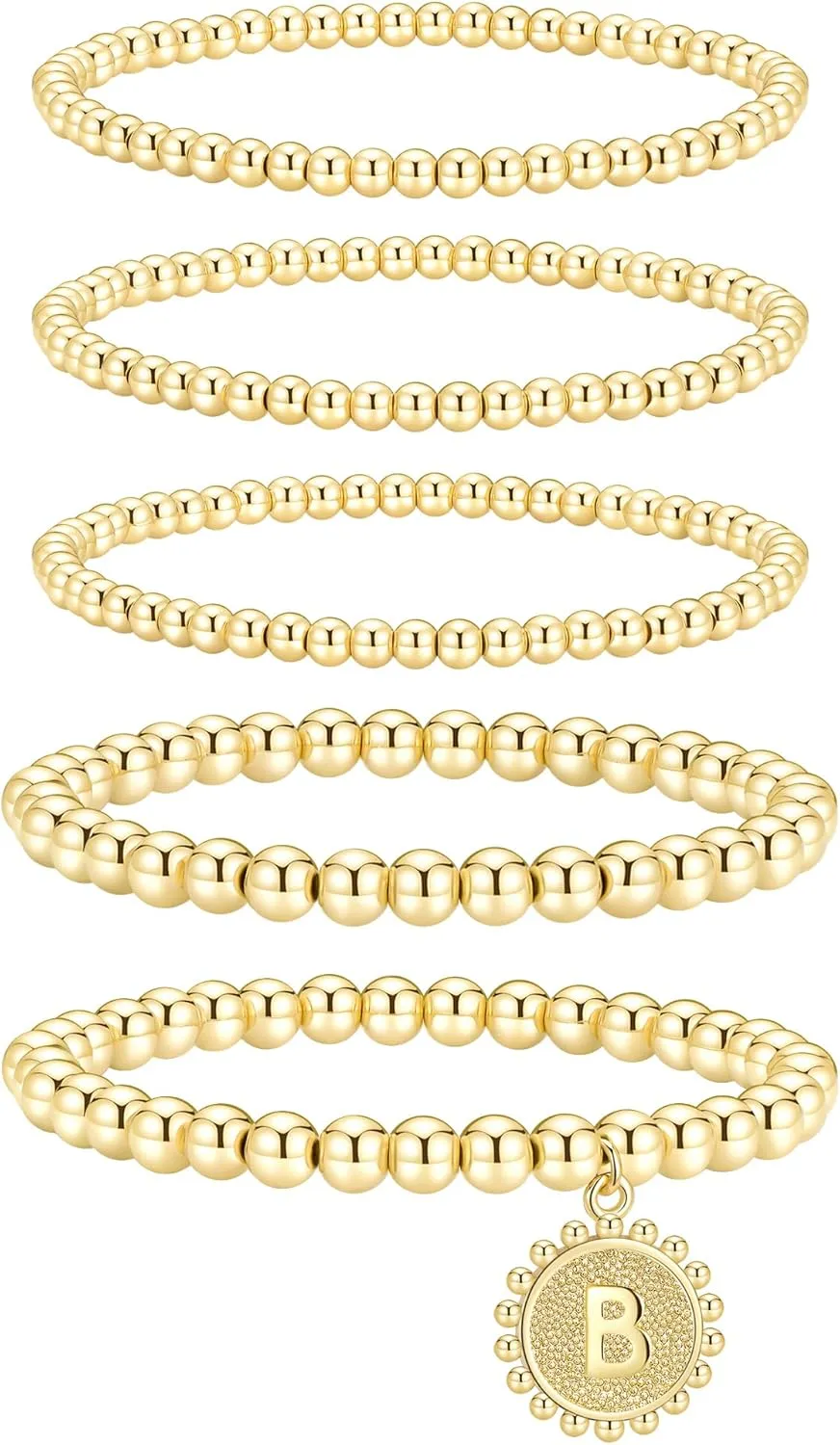 adoyi Gold Silver Bracelets for Women Beaded Bracelet 14K Gold Plated Bracelet Stack Initial Letter A-Z Strand Stretch Bead Stackable Bracelet Set Adjustable Jewelry Gift for Women