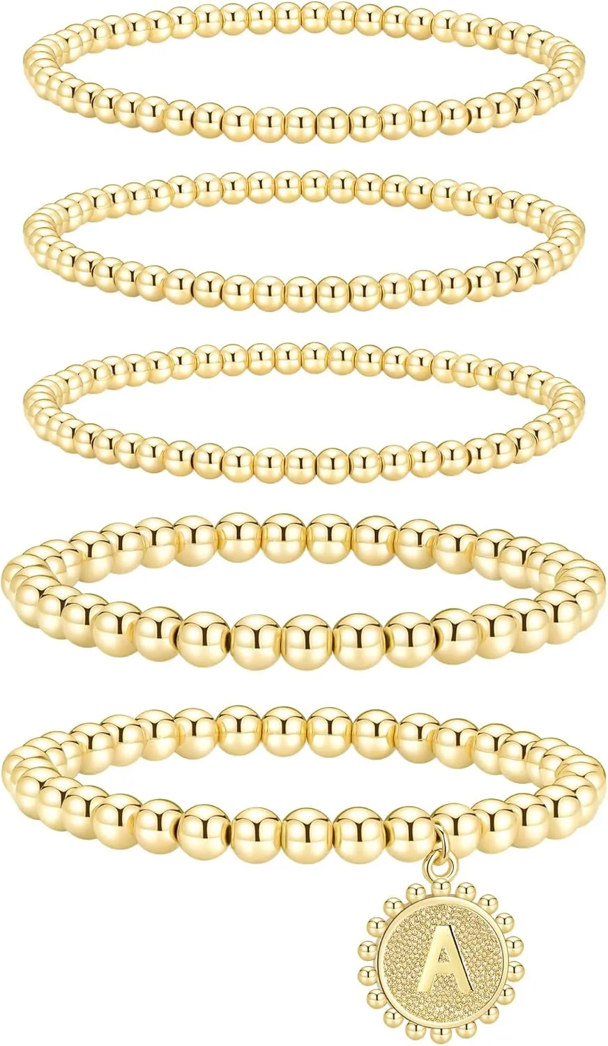 adoyi Gold Silver Bracelets for Women Beaded Bracelet 14K Gold Plated Bracelet Stack Initial Letter A-Z Strand Stretch Bead Stackable Bracelet Set Adjustable Jewelry Gift for Women