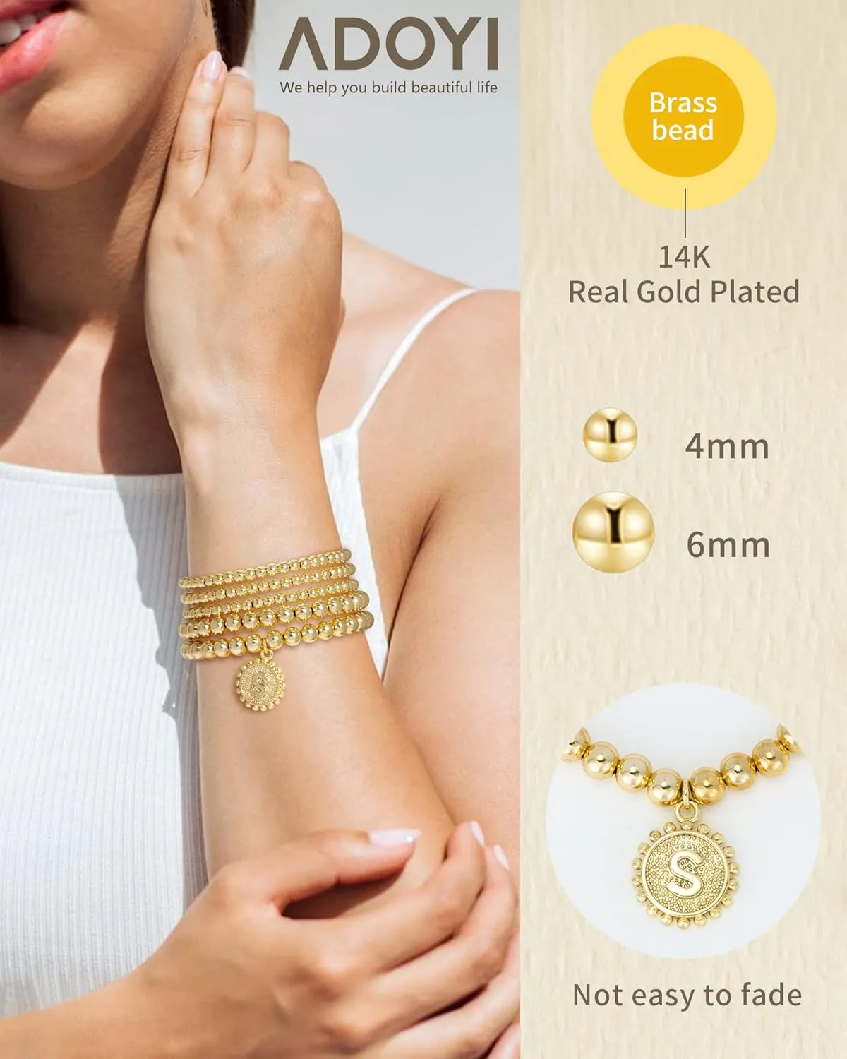 adoyi Gold Silver Bracelets for Women Beaded Bracelet 14K Gold Plated Bracelet Stack Initial Letter A-Z Strand Stretch Bead Stackable Bracelet Set Adjustable Jewelry Gift for Women