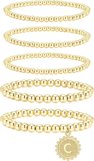 adoyi Gold Silver Bracelets for Women Beaded Bracelet 14K Gold Plated Bracelet Stack Initial Letter A-Z Strand Stretch Bead Stackable Bracelet Set Adjustable Jewelry Gift for Women