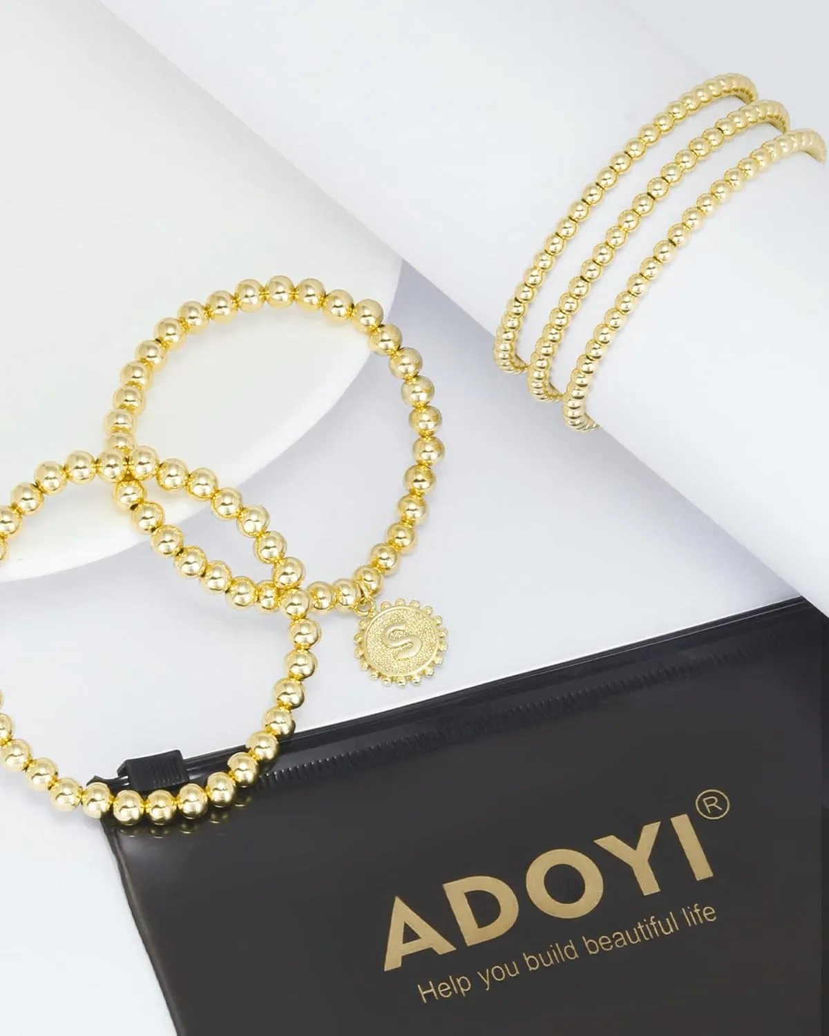 adoyi Gold Silver Bracelets for Women Beaded Bracelet 14K Gold Plated Bracelet Stack Initial Letter A-Z Strand Stretch Bead Stackable Bracelet Set Adjustable Jewelry Gift for Women