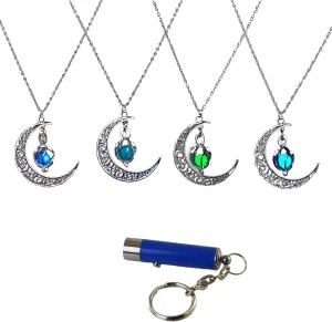 AlterImage Eclipse Crescent Moon Glow In The Dark Necklaces 4 Pack Luminous Jewelry Green Purple Blue & Sky Blue Includes UV Light