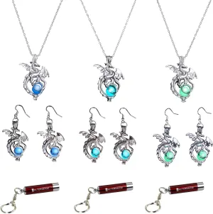 AlterImage Fiery Dragon Wings of Fire Necklace & Earrings Set Glow In The Dark 3 Luminous Jewelry Green Blue & Sky Blue w/UV Lights