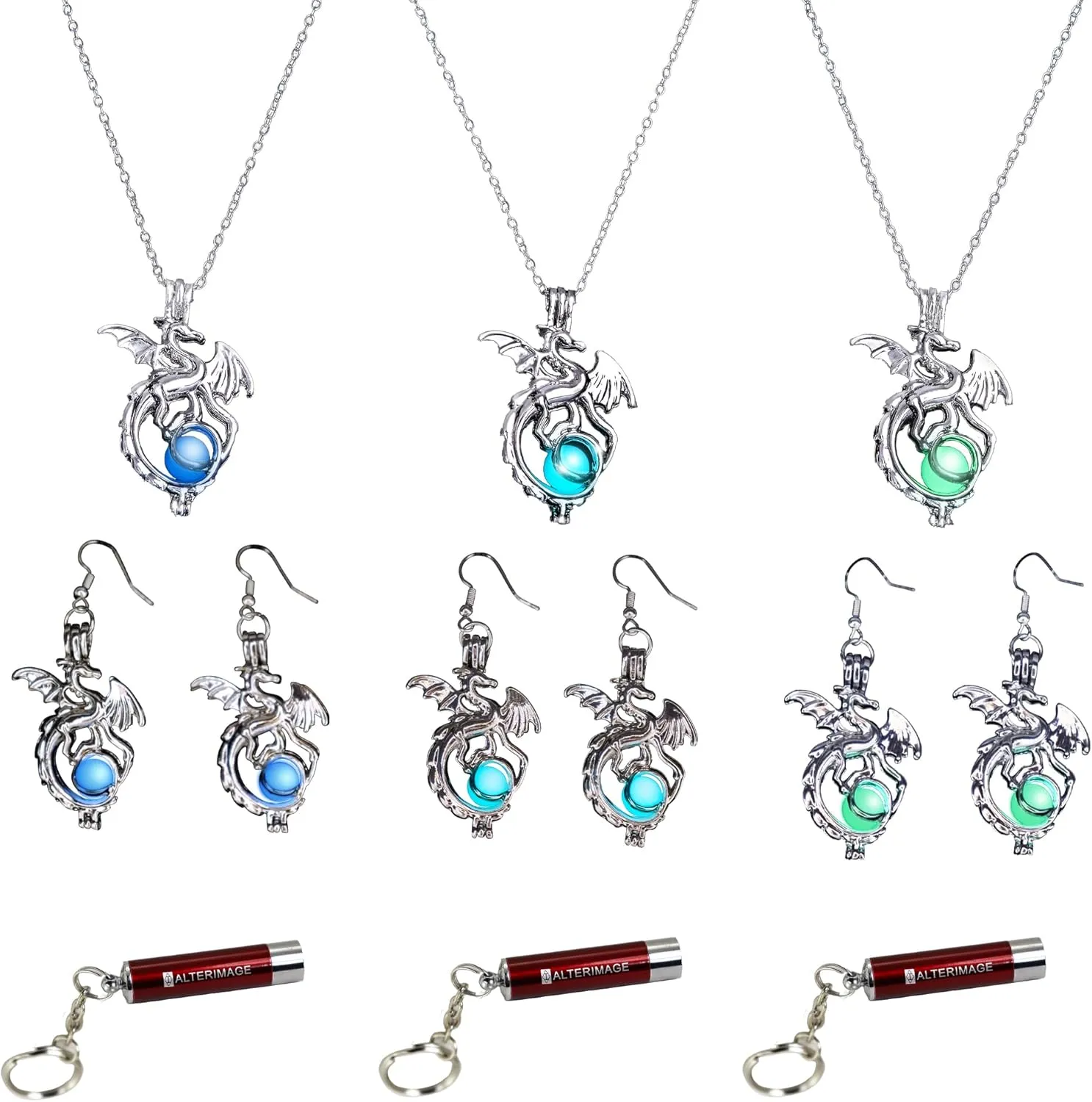 AlterImage Fiery Dragon Wings of Fire Necklace & Earrings Set Glow In The Dark 3 Luminous Jewelry Green Blue & Sky Blue w/UV Lights