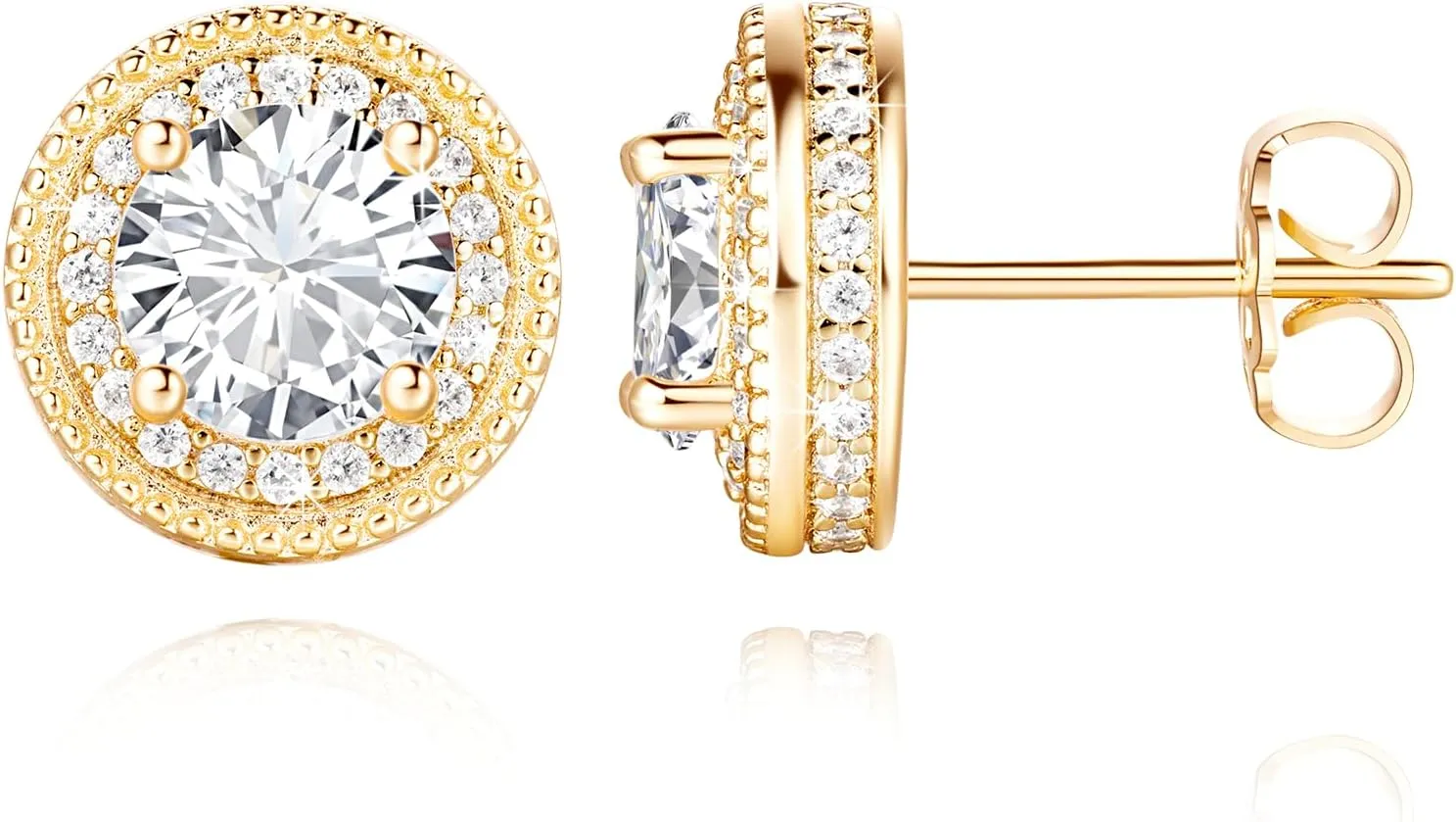 AMELINE 14K Gold Studs Earrings for Women, Small Gold Stud Earrings for Women, Stylish Minimalist Womens Earring Design, Brilliant Cubic Zirconia Earring Studs, 11 mm